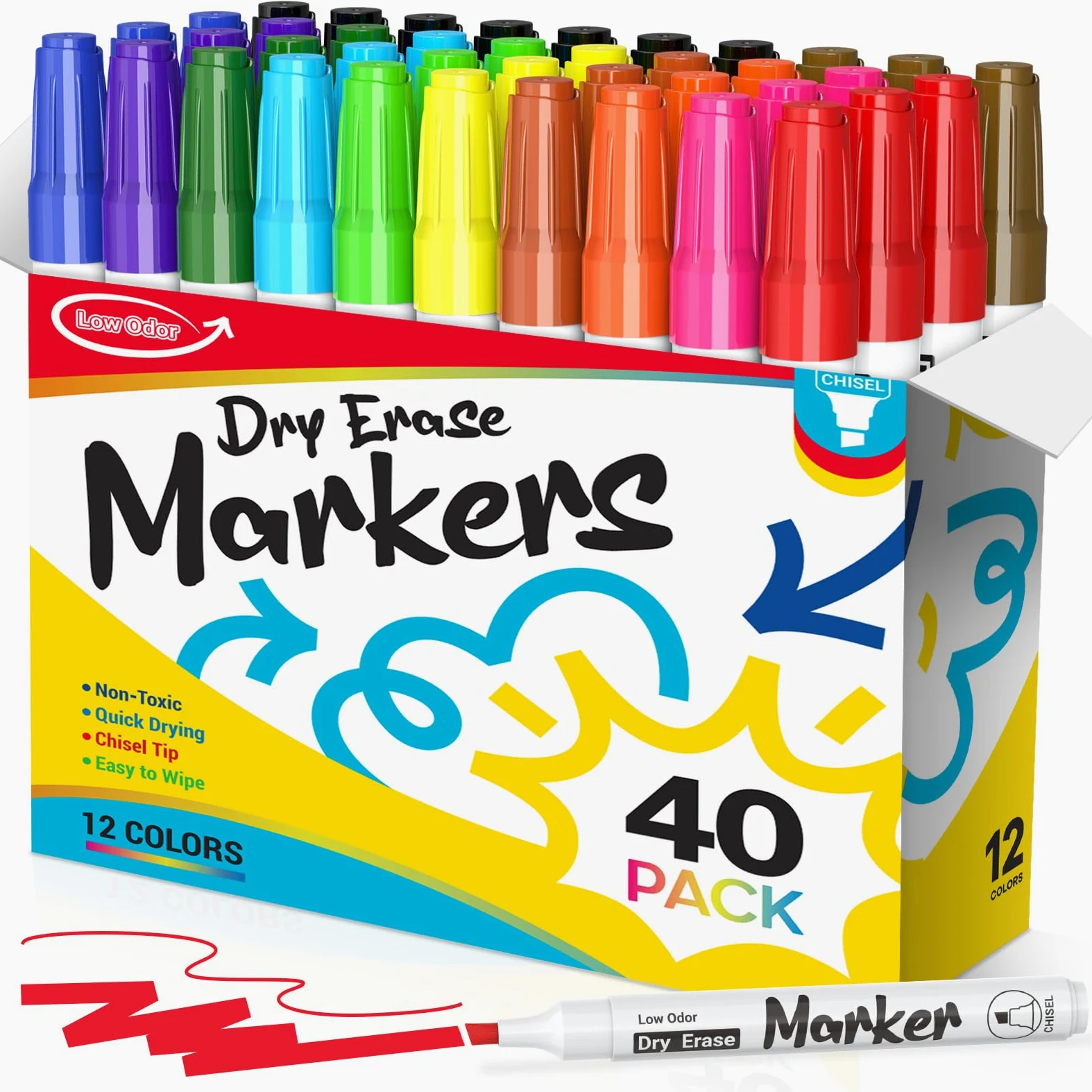 KERIFI Pennarelli cancellabili a secco, con punta a scalpello, a basso odore, atossici, 40 pezzi, 12 colori assortiti, per insegnanti, sudents, casa, scuola e ufficio