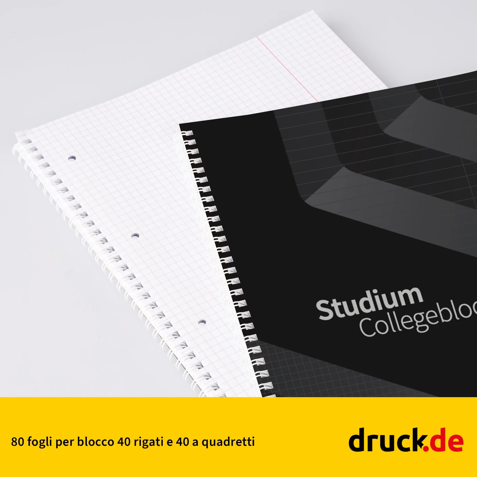 Duo - Blocco universitario misto, 20 pezzi, formato DIN A4, 40/40, a quadretti, 80 g, carta volumizzante, forata e perforata, rilegatura a spirale bianca, con bordo di correzione, blocco note (20