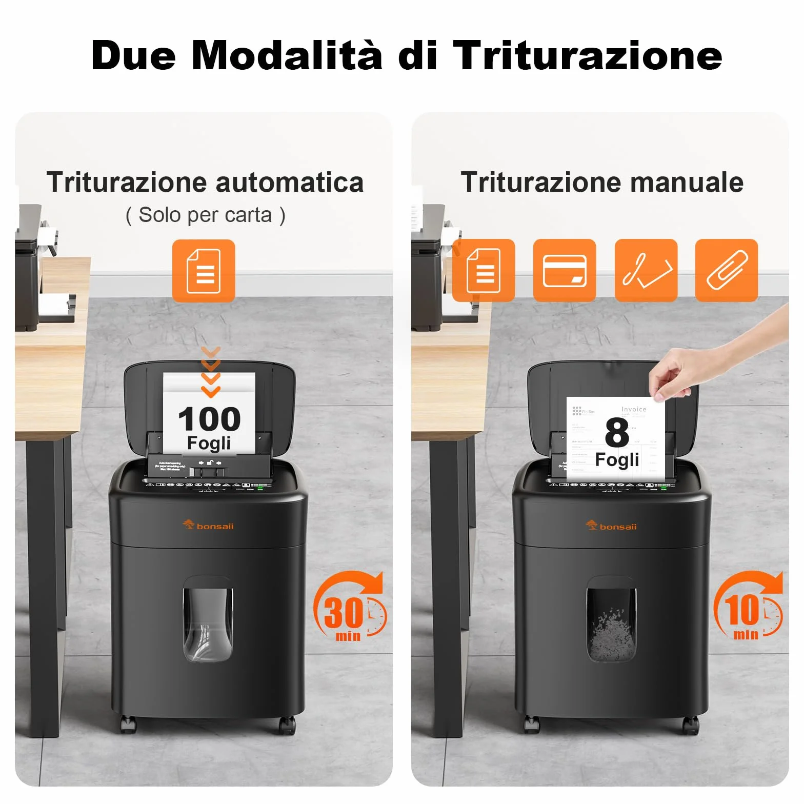 Bonsaii Distruggidocumenti, taglio micro-particellare P4, alimentazione automatica fino a 100 fogli, sistema anti-intasamento, 30 min continuo, contenitore da 16L – Per ufficio e casa, C231-D