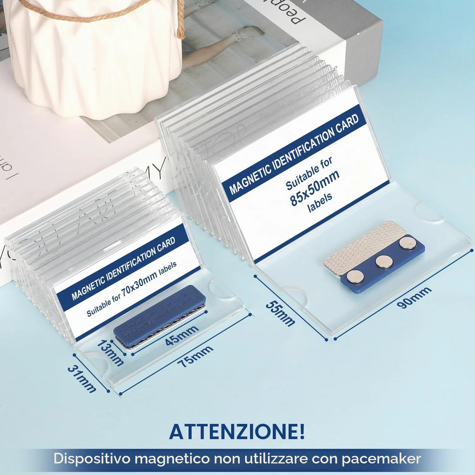 EFUTURETIME 30pcs Porta Badge Magnetico Plastica 90 × 54 mm | Targhetta Trasparente Magnetica per Abiti, Portanome con Potente Magnete Autoadesivo a 3 Punti