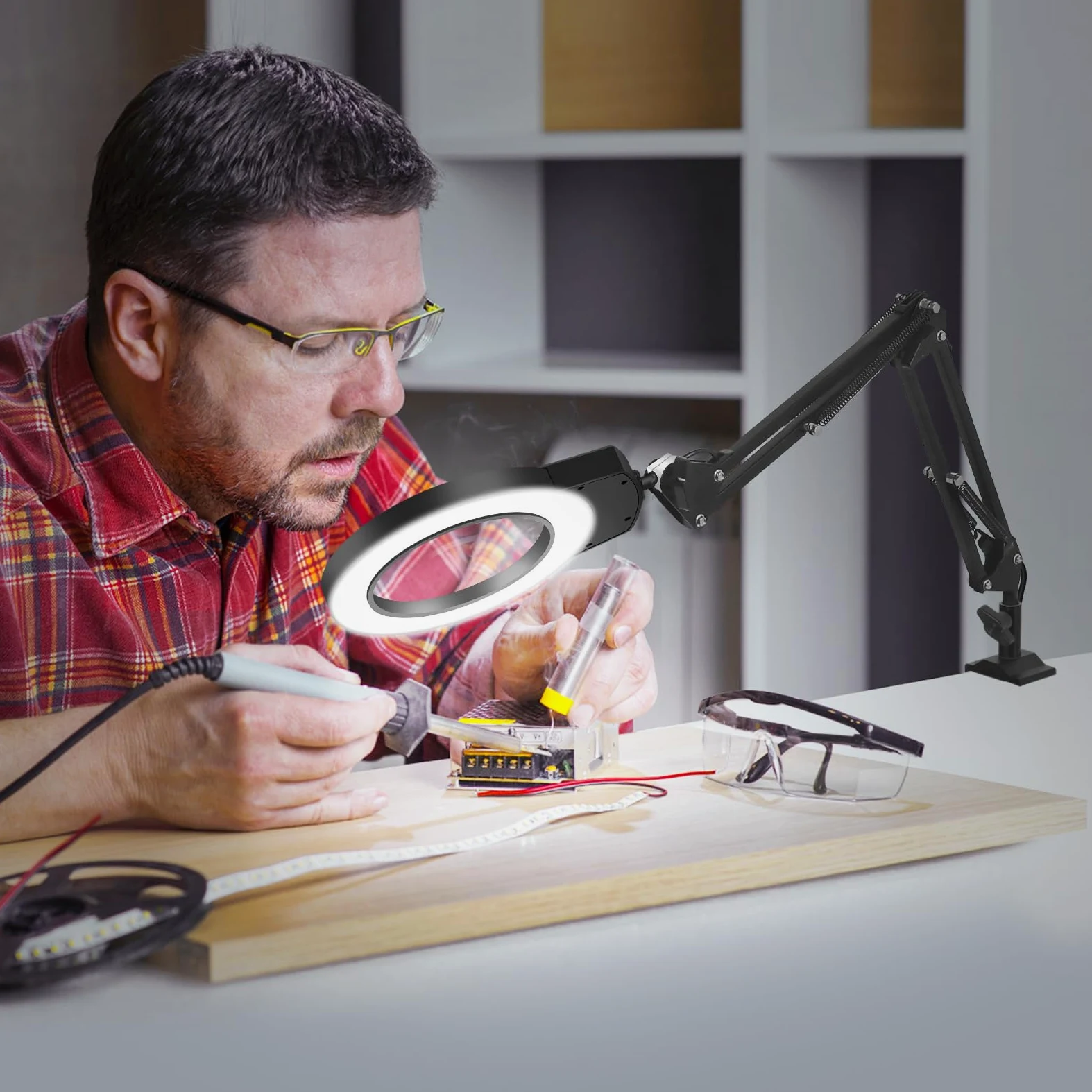 Lente d'ingrandimento con luce e supporto, lampada d'ingrandimento da tavolo 2 in 1, lente d'ingrandimento illuminata con regolatore10X, lente d'ingrandimento da tavolo dimmerabile