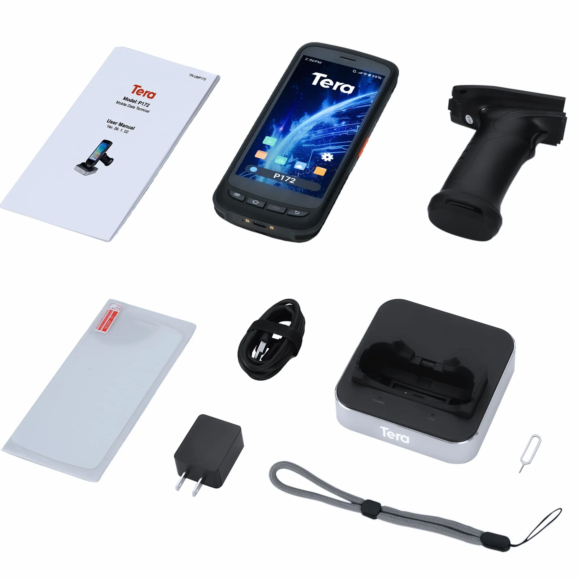 Tera Android 13 Barcode Scanner PDA: 8000 mAh Grande batteria 4G + 64GB con stazione di ricarica, impugnatura a pistola, computer portatile 5,2" Full-Touch Screen Motore di scansione 2D ad alte