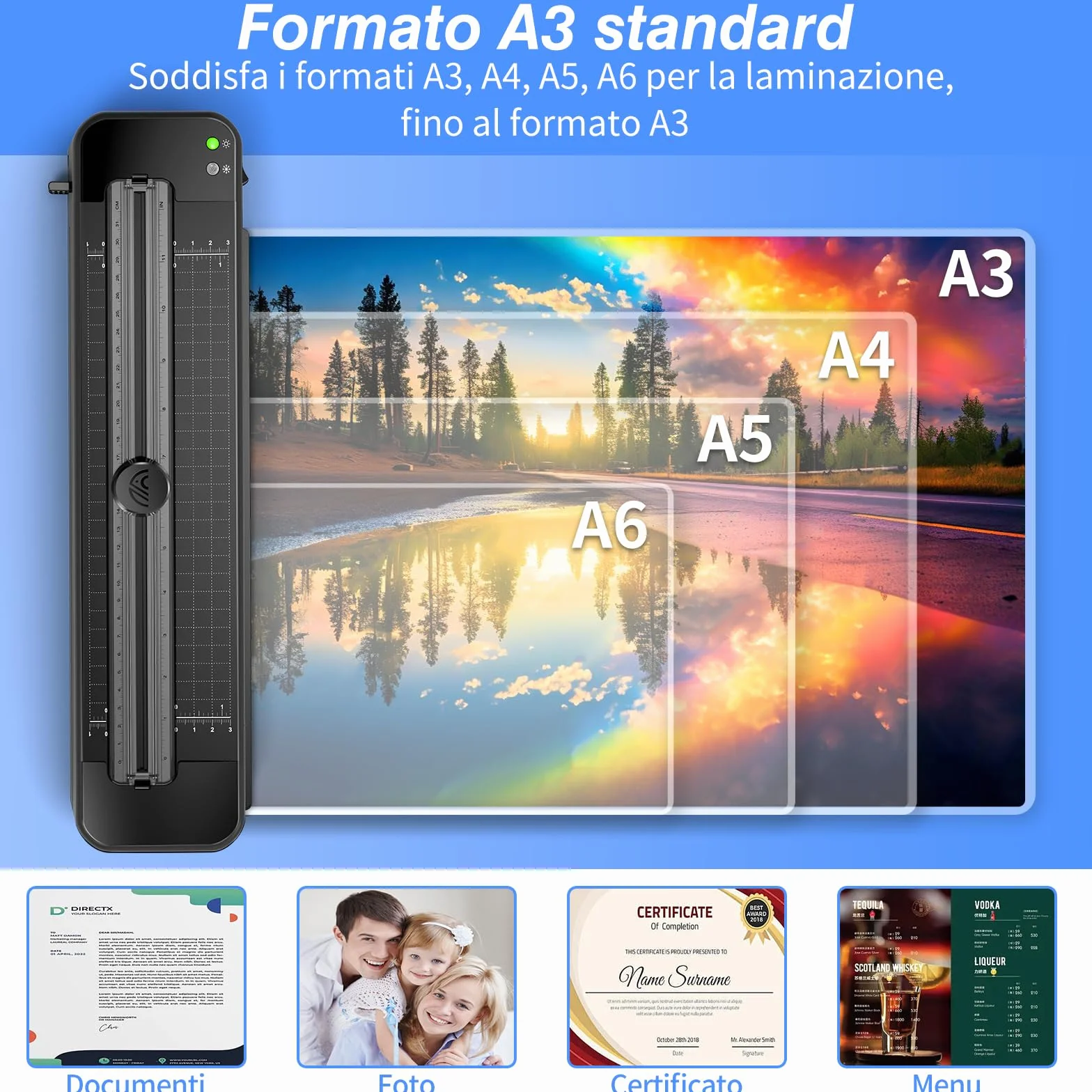 Plastificatrice A3 con sistema ABS anti-inceppamento con 30 fogli per A3 A4 A5 A6 - Versatile plastificatrice a freddo per ufficio, casa e scuola