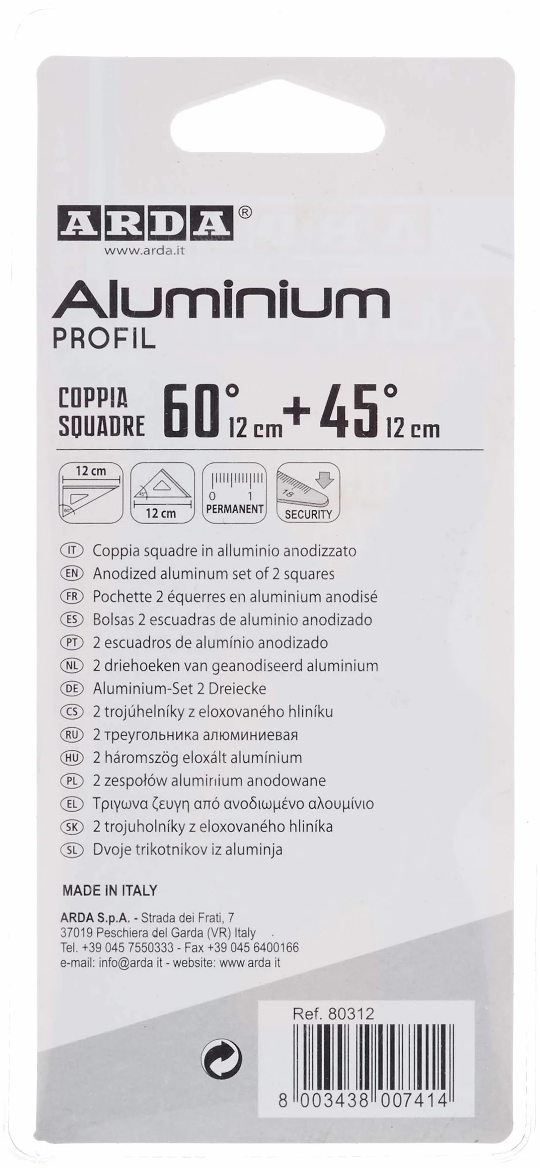 ARDA Blister Squadrette da Disegno in Alluminio 12 cm 45-60 Gradi