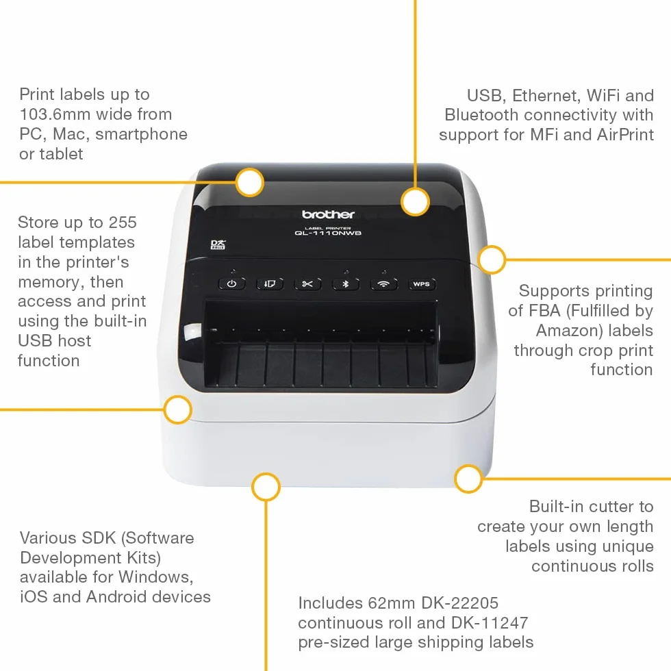 Brother QL-1110NWBC stampante per etichette [CD] Termica diretta 300 x 300 DPI 110 mm/s Con cavo e senza cavo DK Wi-Fi Bluetooth (BROTHER QL1110NWBC - LABEL PRINTER)
