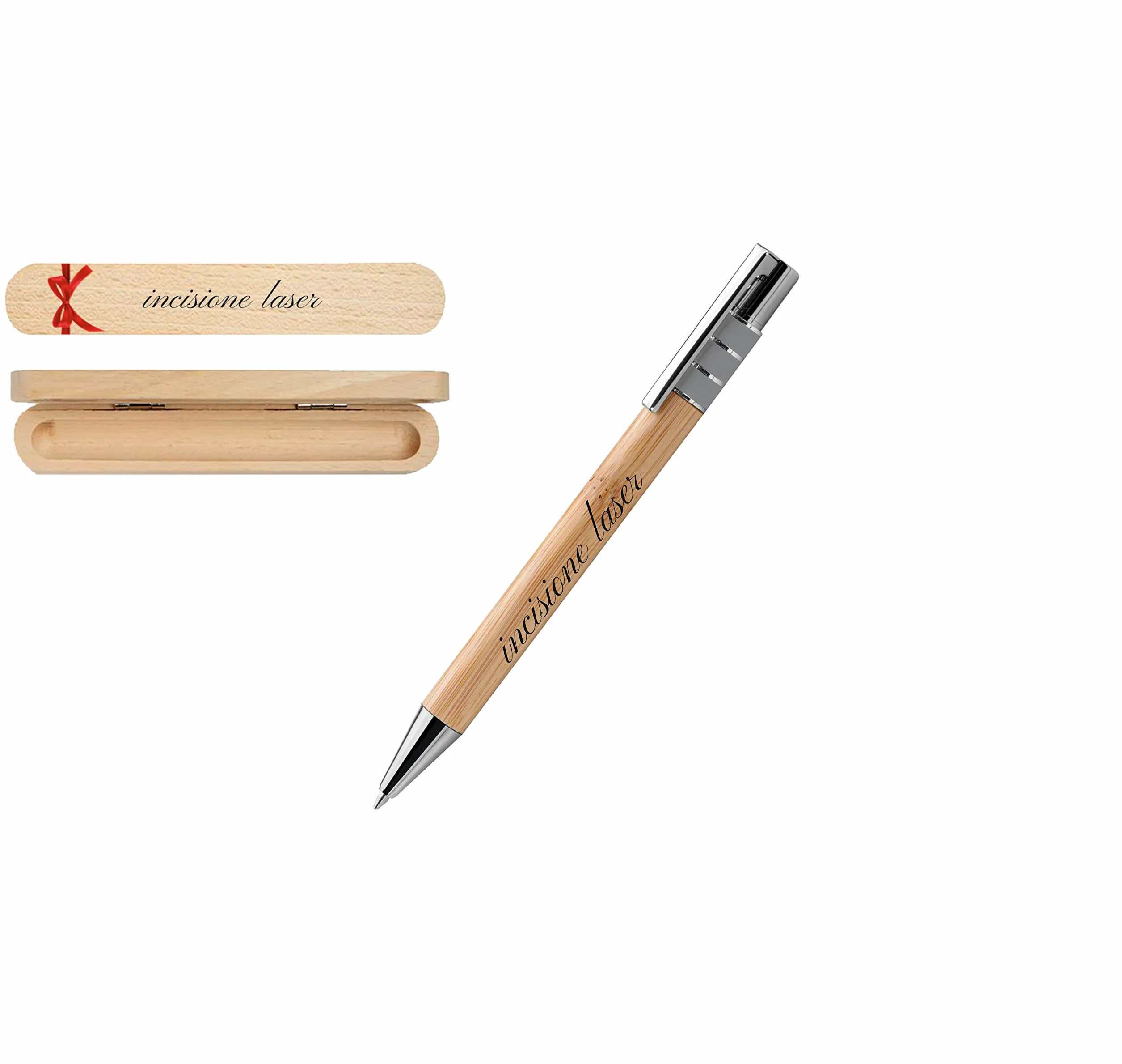 Penna a scatto in bamboo personalizzata con incisione laser e scatola regalo in legno PN13