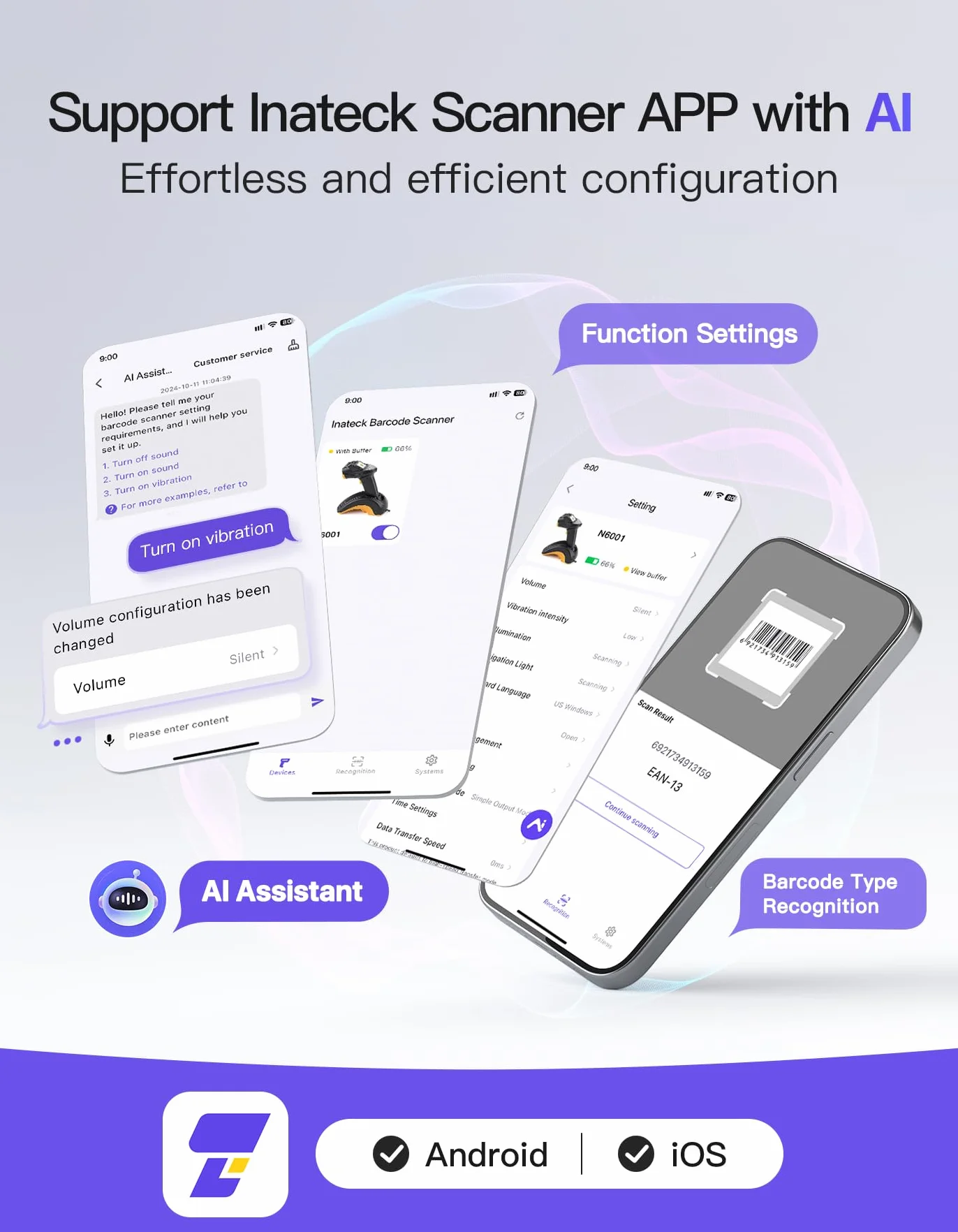Inateck Scanner Codici a Barre Wireless 2D con Schermo, Doppio Sensore CMOS e CCD per Codici Lunghi e Sfocati, Lettore QR Bluetooth con Base di Ricarica, Tastiera per Impostazioni, Supporta App SDK