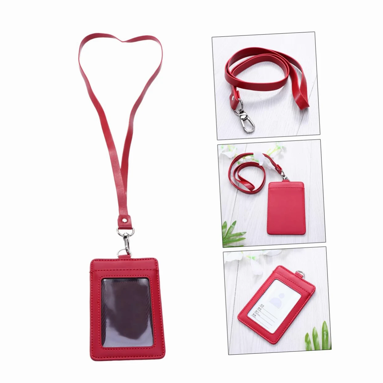 Tofficu Porta Badge Verticale Da 3 Pezzi Con Custodia in Pelle Porta Badge Con Cordino Clip Girevole Rosso