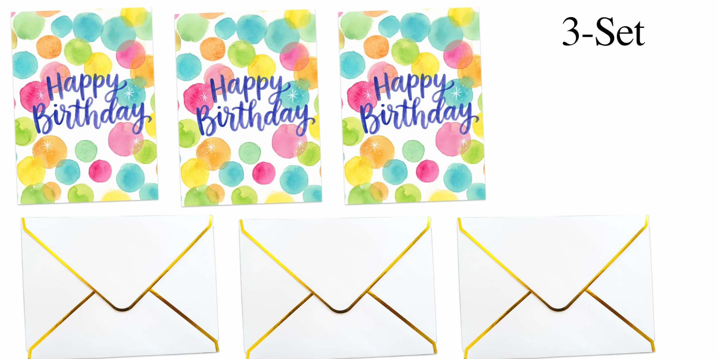 Set di 3 biglietti di compleanno premium - Design semplici e colorati con buste bianche dorate