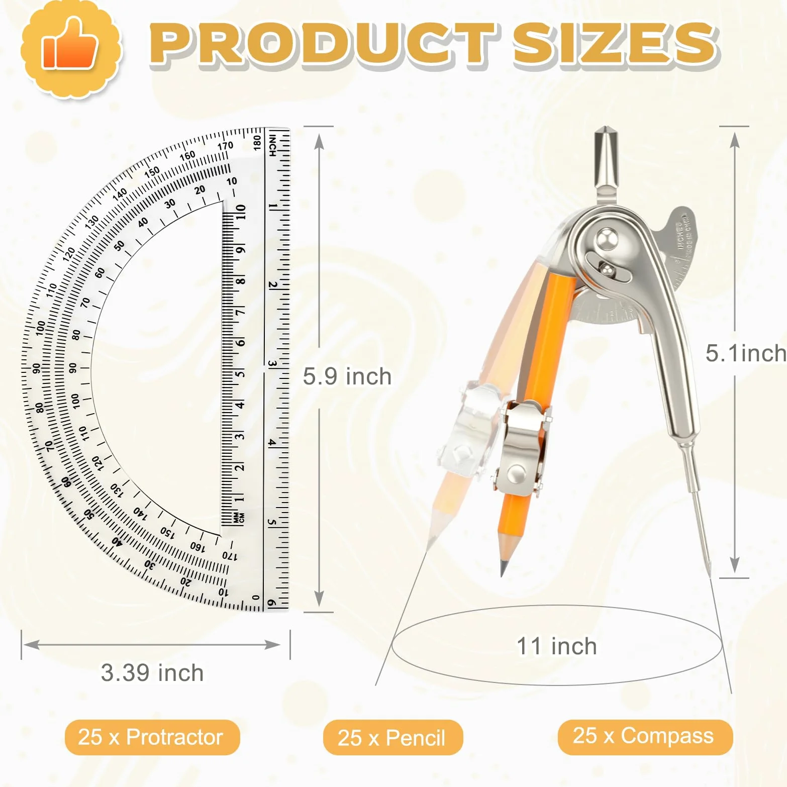 Set di 50 strumenti per geometria, compasso matematico per geometria e goniometro da 15,2 cm, include bussola in metallo con matita e goniometro in plastica trasparente, per studenti, aule, ufficio
