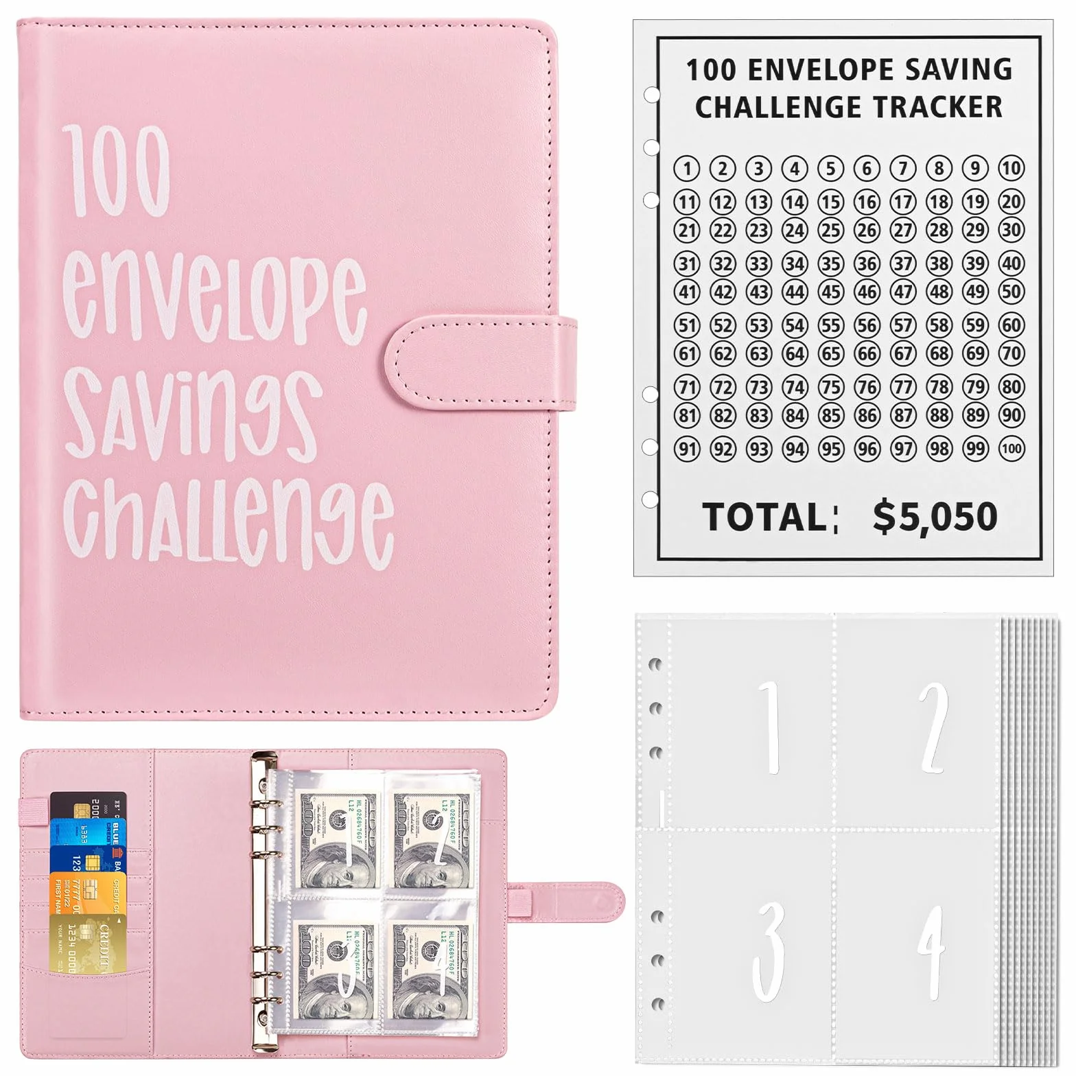 A5 Libro Del Risparmio, 100 Envelope Saving Challenge, Budget Planner Money Binder, Rosa