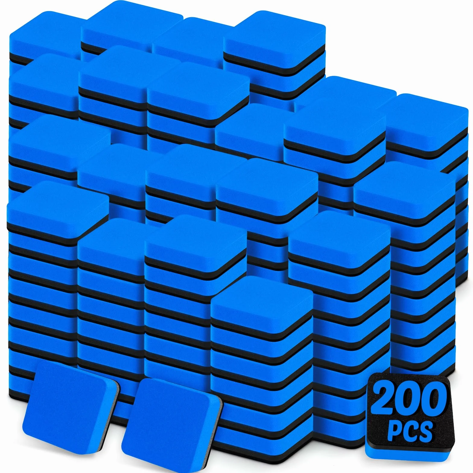 Jumlys Confezione da 200 gomme cancellabili a secco, cancellabili a secco, magnetiche, blu e bianche | 5 x 4 cm, detergenti per lavagna, perfetti per classe, ufficio e casa