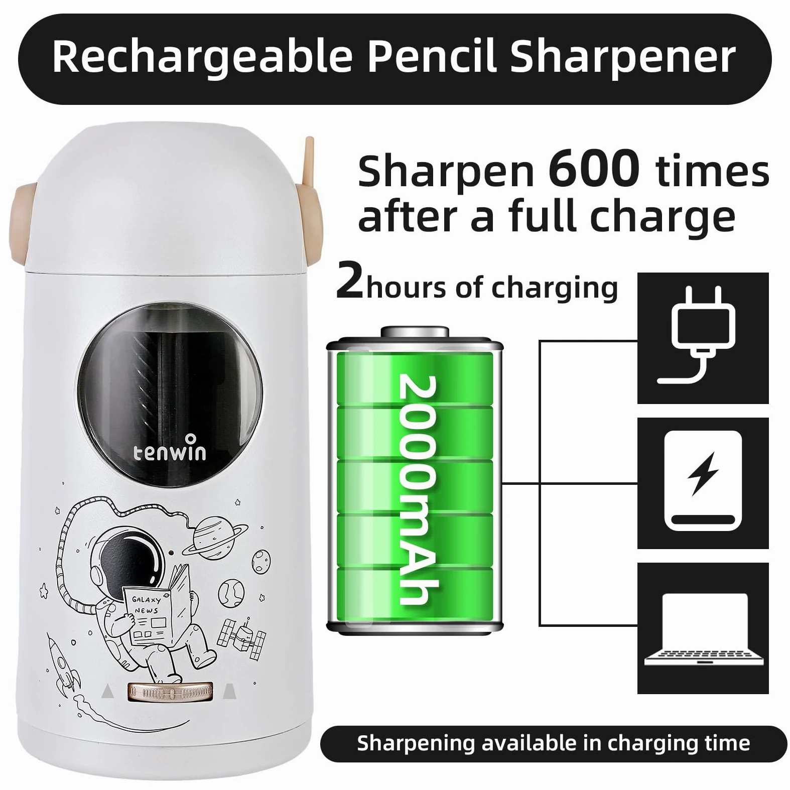 Tenwin - Temperamatite elettrico ricaricabile, completamente automatico per matite da 7 a 11,5 mm, temperamatite a mani libere per matite colorate, ingresso e uscita automatica, punte regolabili