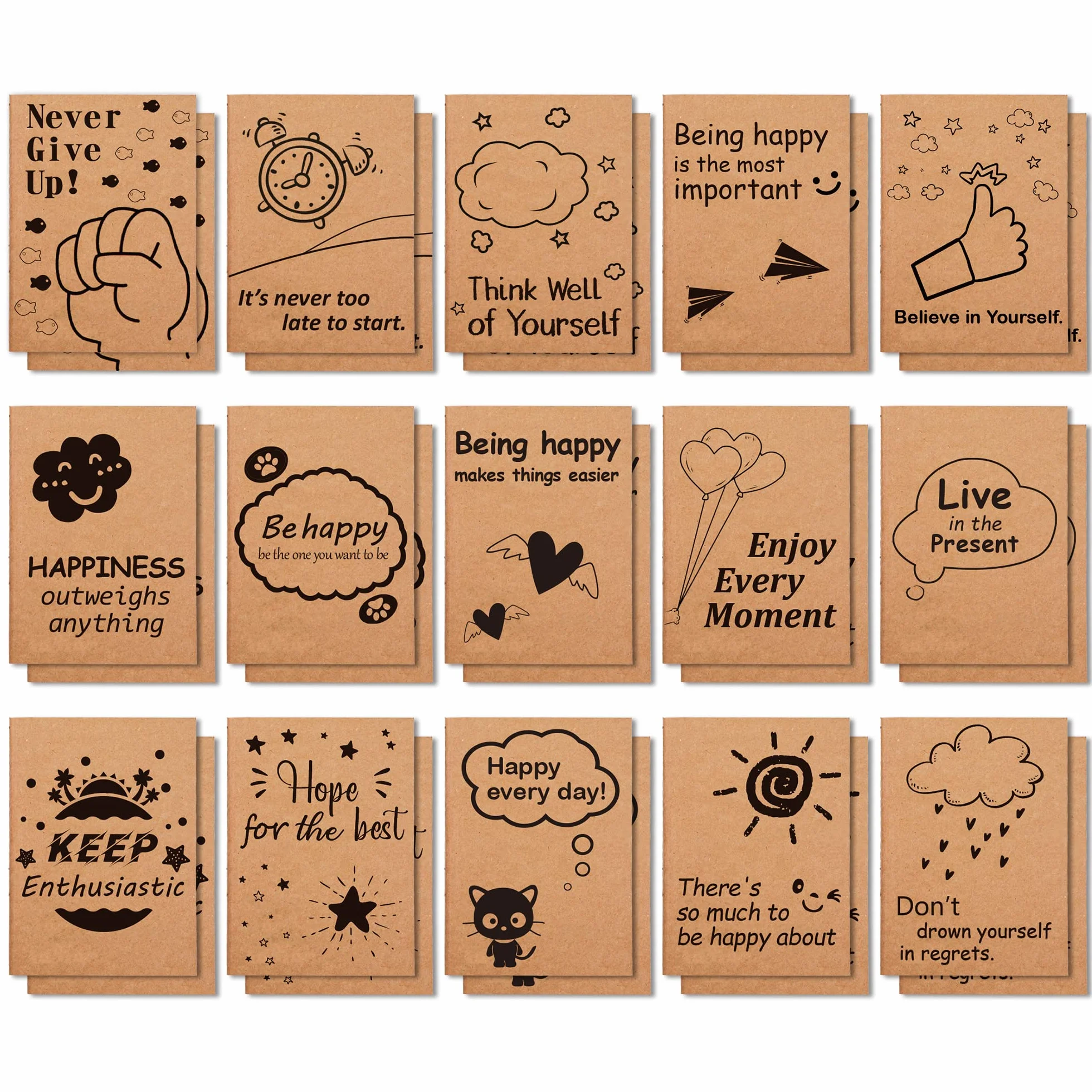 feela Confezione da 30 quaderni in carta kraft, 15 disegni, formato A6, mini quaderni e diari tascabili, a righe, con motivazione, piccoli quaderni per donne per la scuola, per prendere appunti, 10 x
