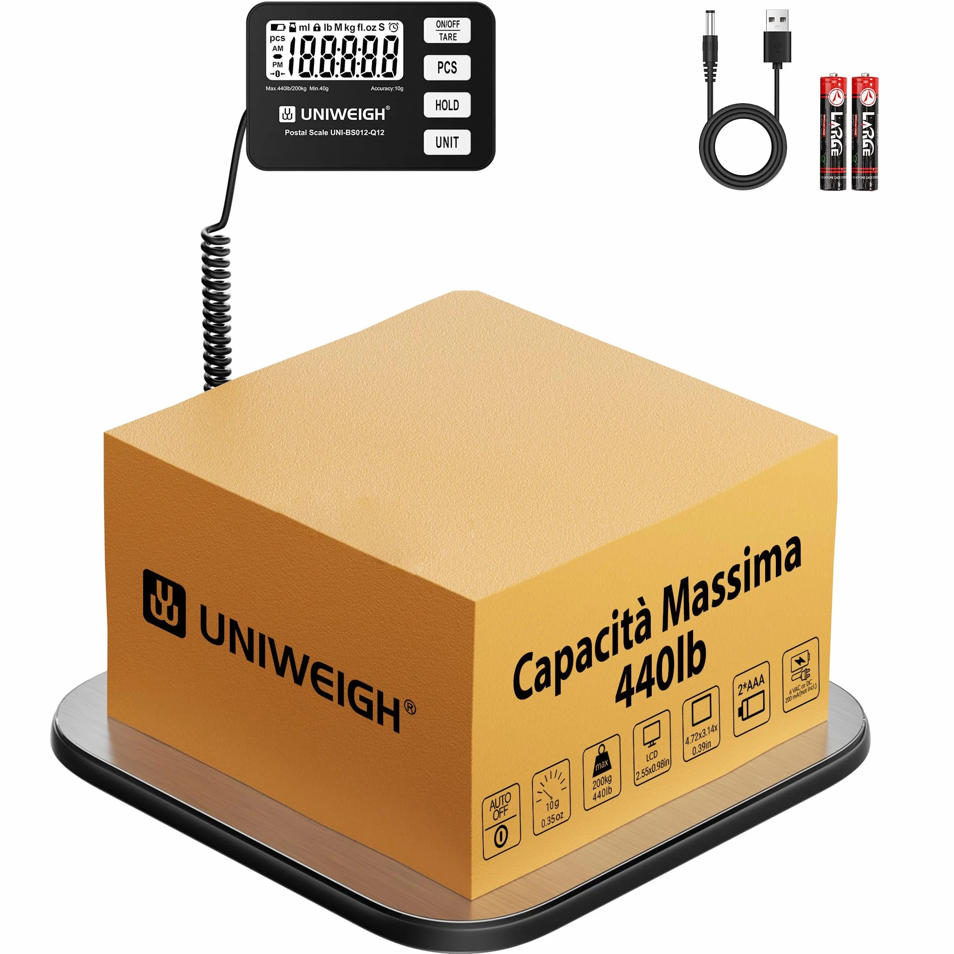 UNIWEIGH Bilancia per pacchi 440 lb 0,35 oz digitale PCS Tenuta Tara