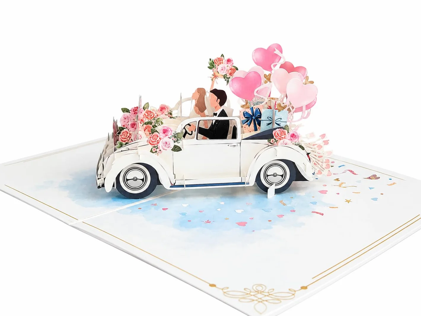 Biglietto di auguri pop-up 3D per matrimonio – Auto con sposi e palloncini – 13 x 18 cm con busta