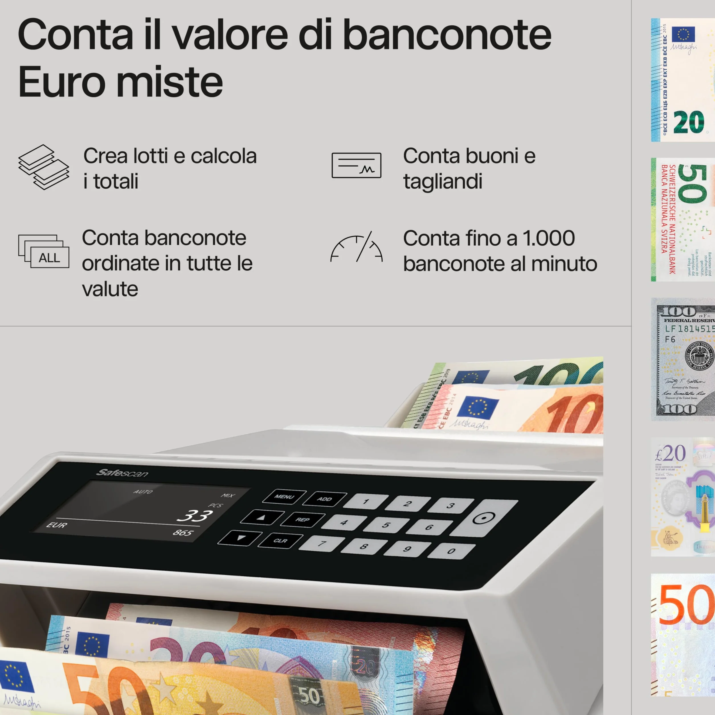 Safescan 2465 S contabanconote che conta banconote miste euro Contabanconote con verifica banconote a 7 punti Contabanconote ordinate per tutte le banconote