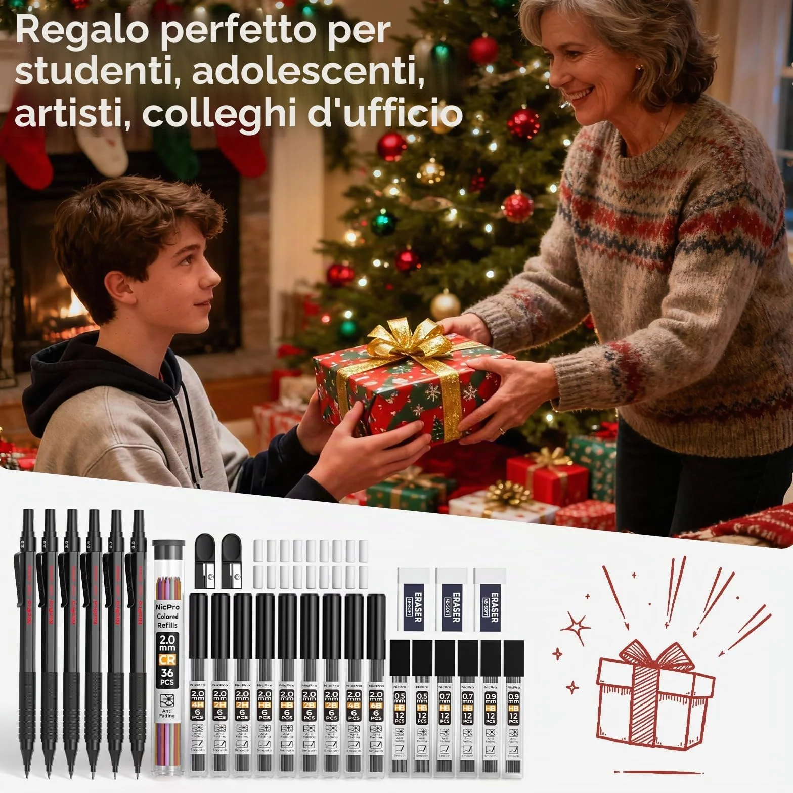 Nicpro 30 Pezzi Matite Meccaniche 0,5 0,7 0,9 mm 2 mm con Custodia in Pelle e Ricariche per Disegno