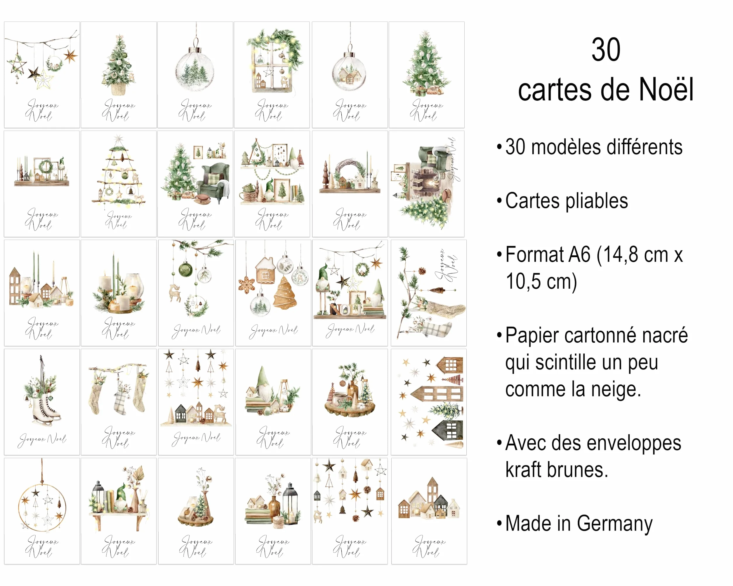 Set de 30 Cartes de Noël A6 avec Enveloppes Blanches – Cartes Festives