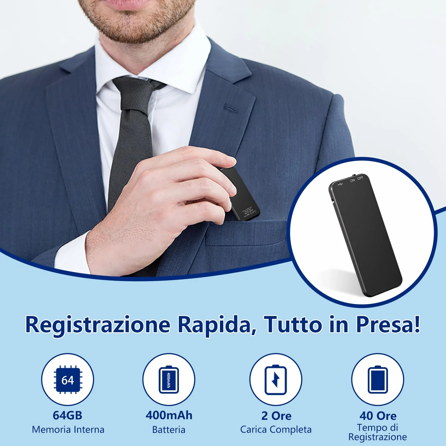 40ore Registratore Vocale, 64GB Registratore con Attivazione Vocale e Riduzione del Rumore Intelligente, USB-C Registratore Audio per Università Lezioni Riunioni Interviste