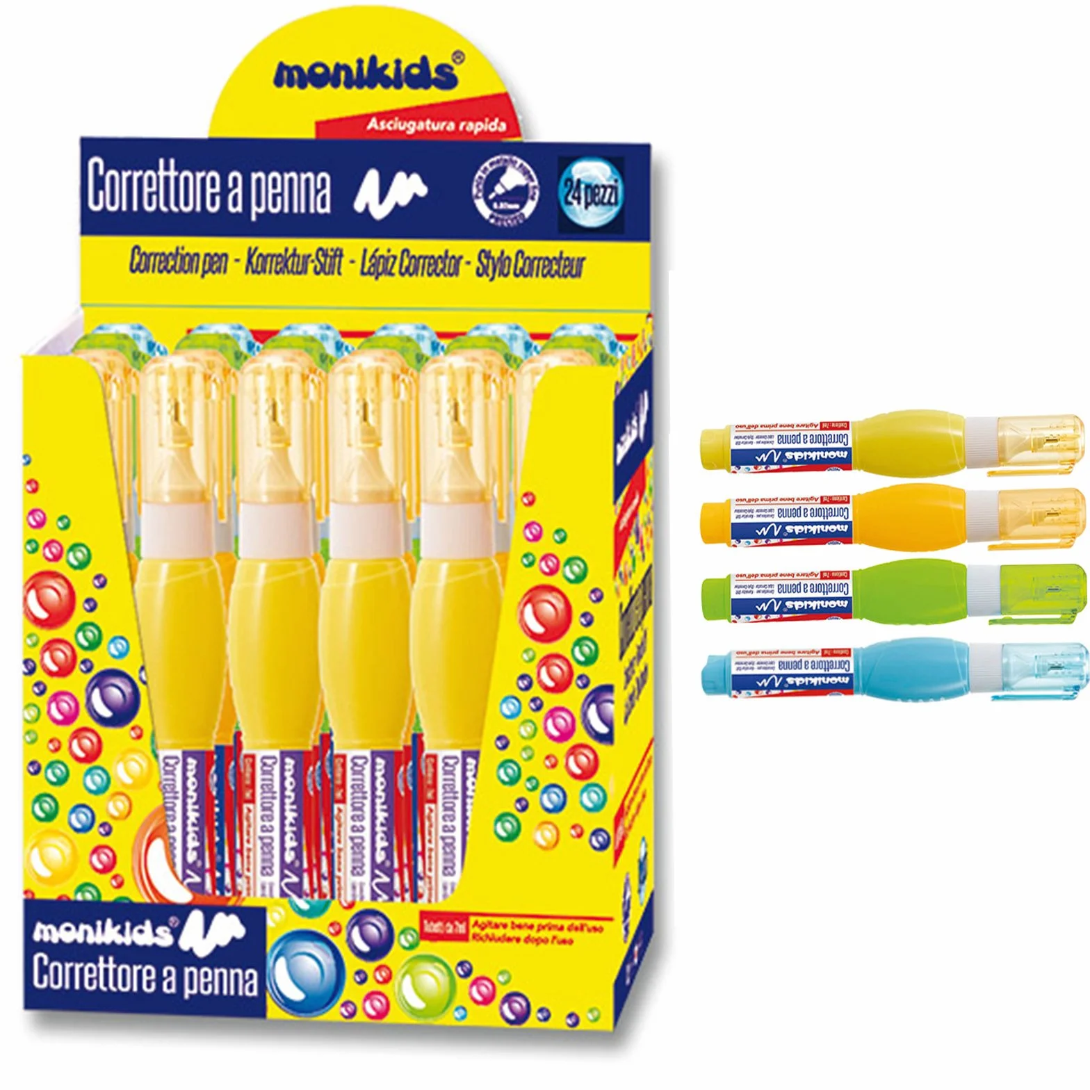 MONIKIDS 12 Correttori a Penna 7ml con Punta in Metallo Fusto Colorato