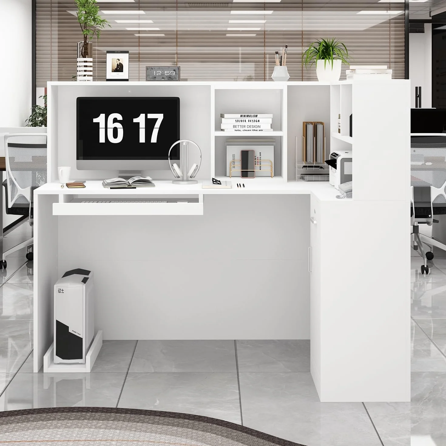 Banco reception, scaffalatura rimovibile, banco reception con 1 cassetto e 1 armadio,banchi di ricezione in MDF, 140 x 80 x 120 cm, bianco