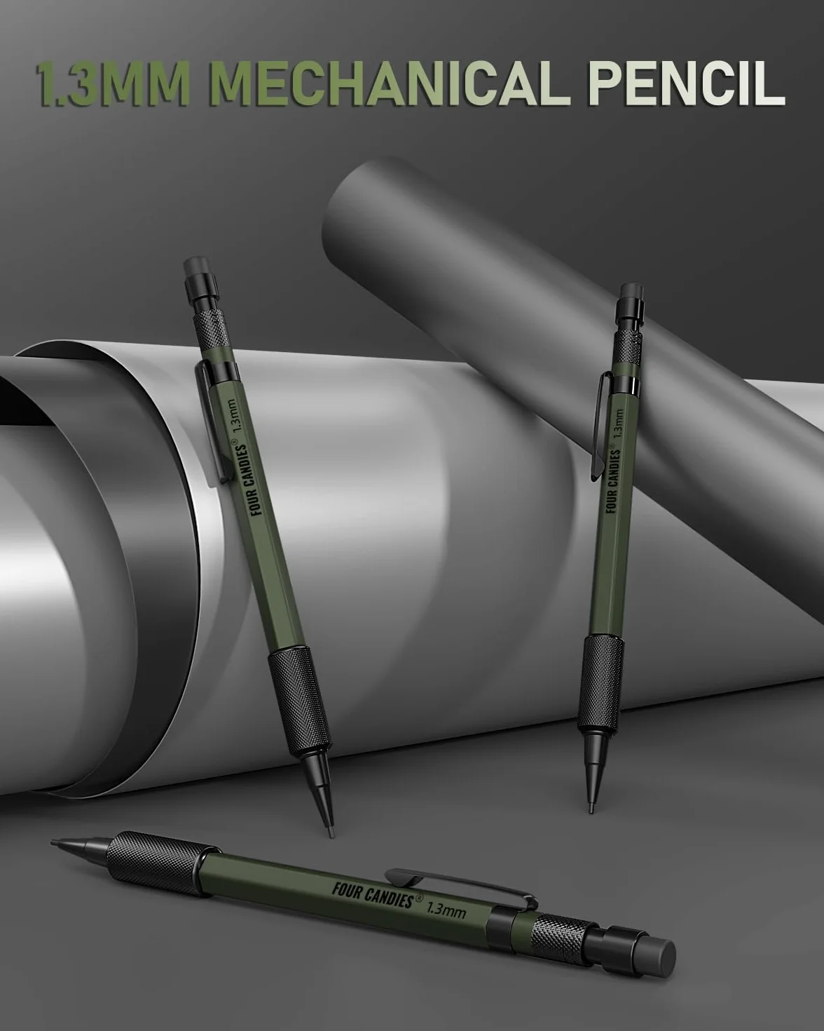 Four Candies 3 matite meccaniche 1,3 mm con custodia, matite da falegname in metallo, 48 ricariche, 3 gomme, 12 ricariche per gomma