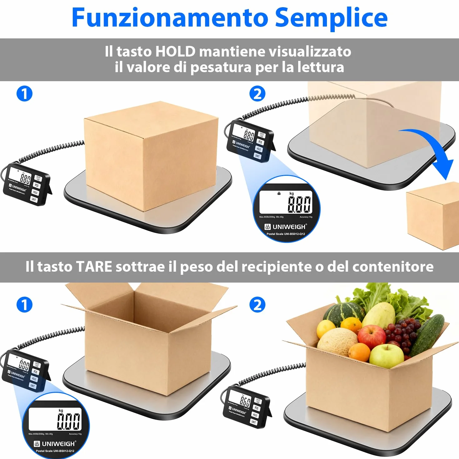 UNIWEIGH Bilancia per pacchi 440 lb 0,35 oz digitale PCS Tenuta Tara