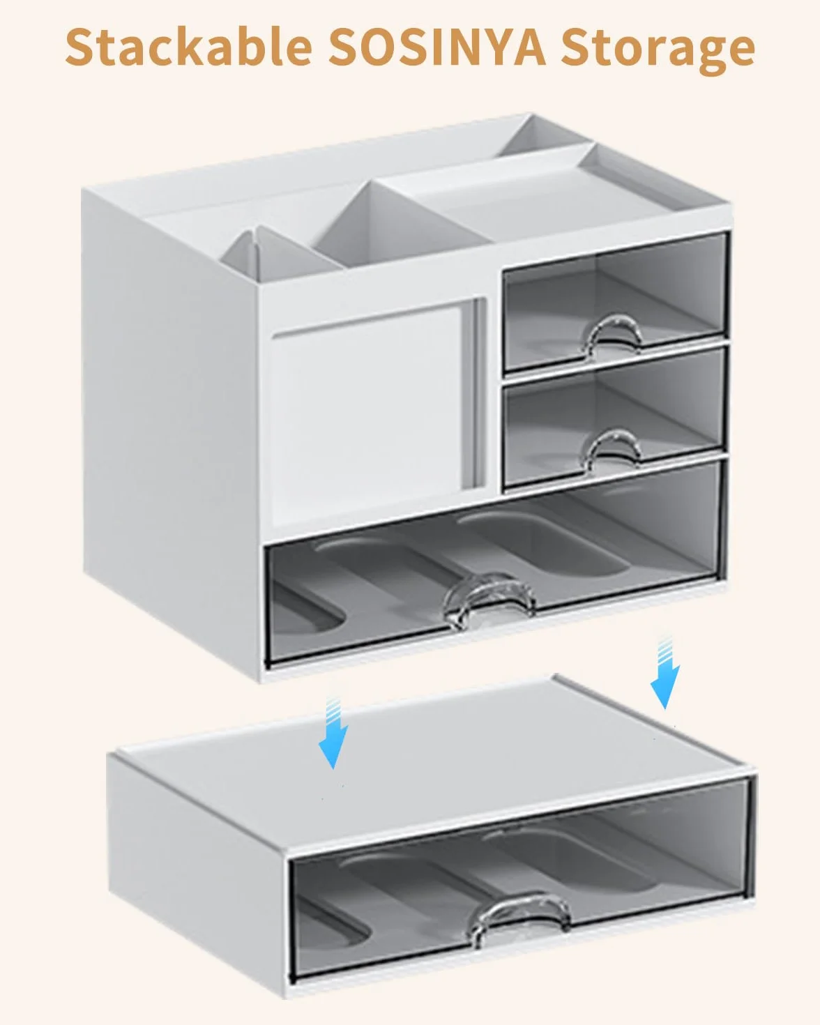 SOSINYA Organizer da scrivania con cassetto, scatola di immagazzinaggio, organizzatore di forniture da ufficio in plastica per ufficio, scuola, casa, impilabili, per penne, trucco (B)