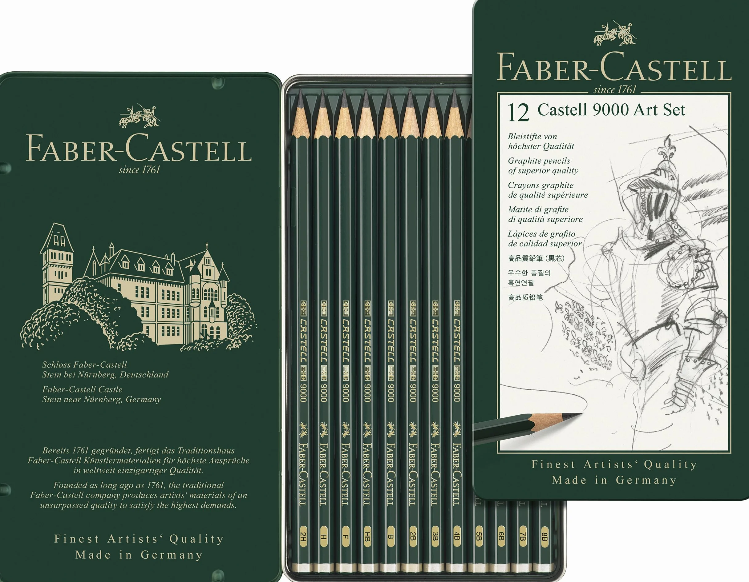 Faber-Castell Castell 9000 Matite Set di 12, Gradazioni da Hb a 8B, Matite in Grafite per Schizzi e Disegni