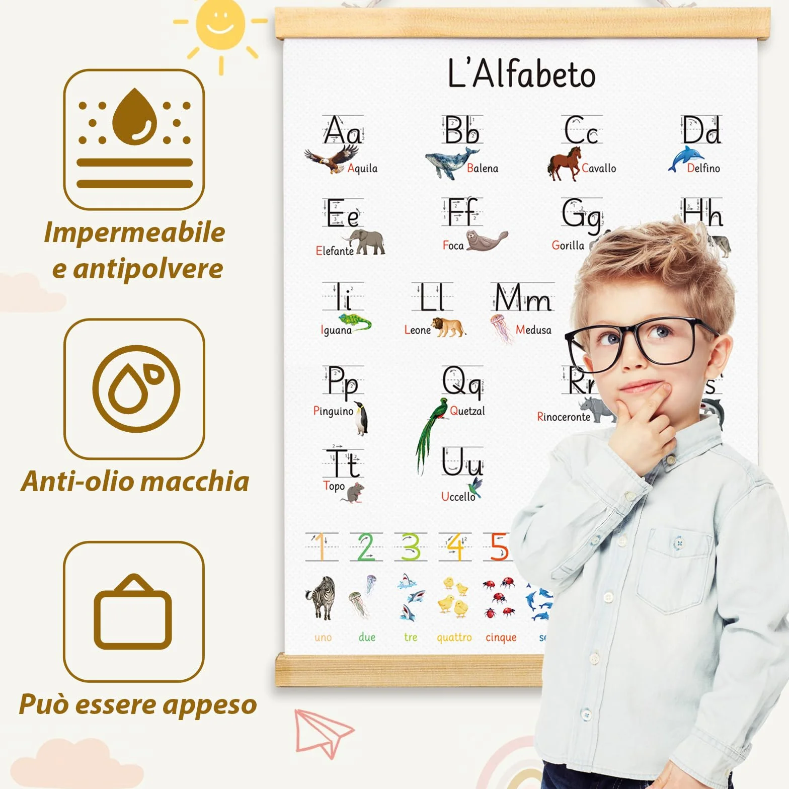 GEBETTER Alfabetiere Murale da Appendere Scuola con Numeri Animali, Poster Lettere Italiano Abecedario da Muro