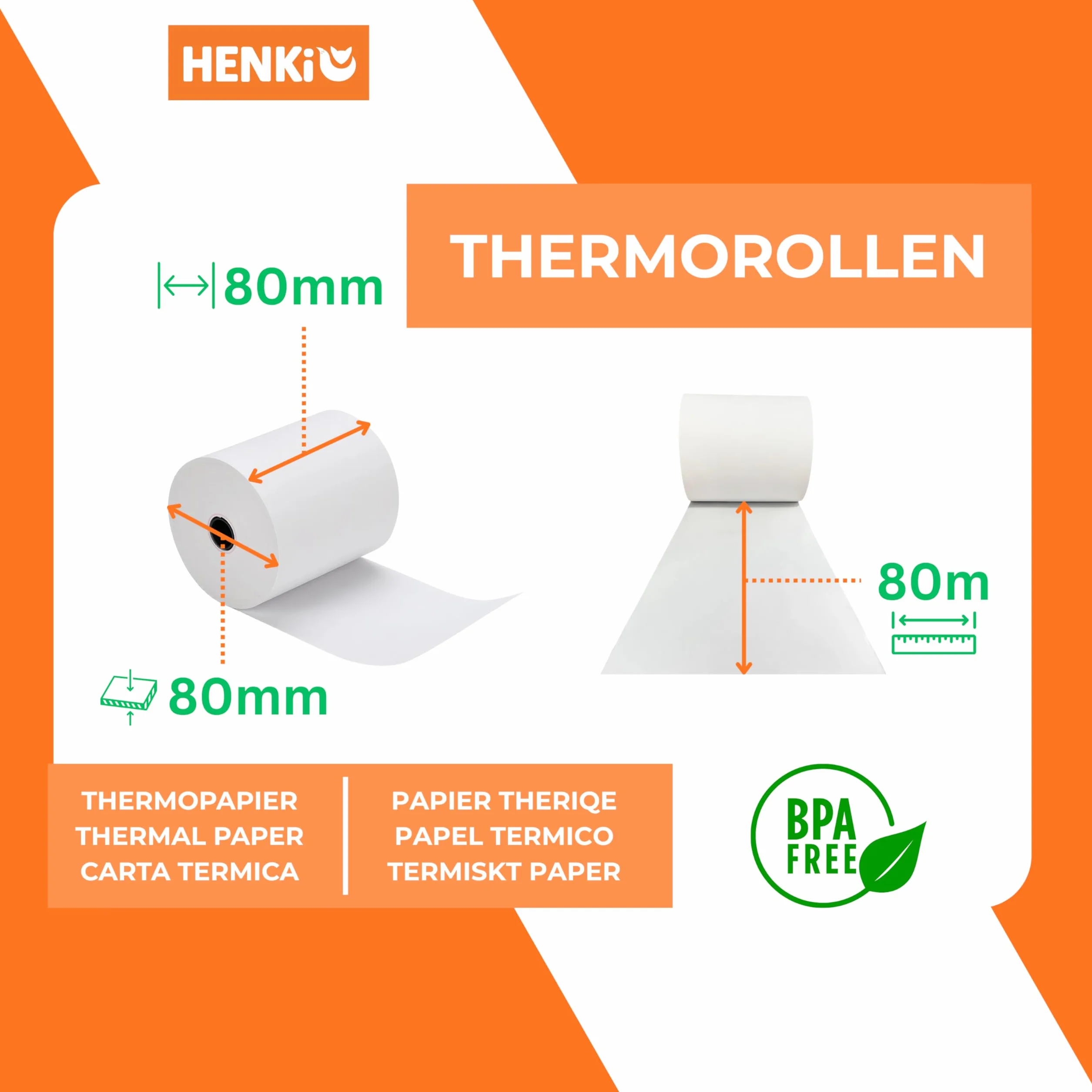 Rotoli di carta termica 80 mm x 80 m x 12 mm, rotoli di carta termica per registratori di cassa, senza BPA (50)