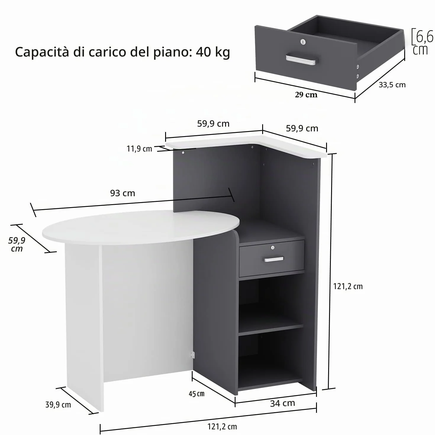 Banco reception Cassettiera con ripiano e cassetto, bancone patchwork nero-grigio, MDF, 40 x 121 x 110 cm