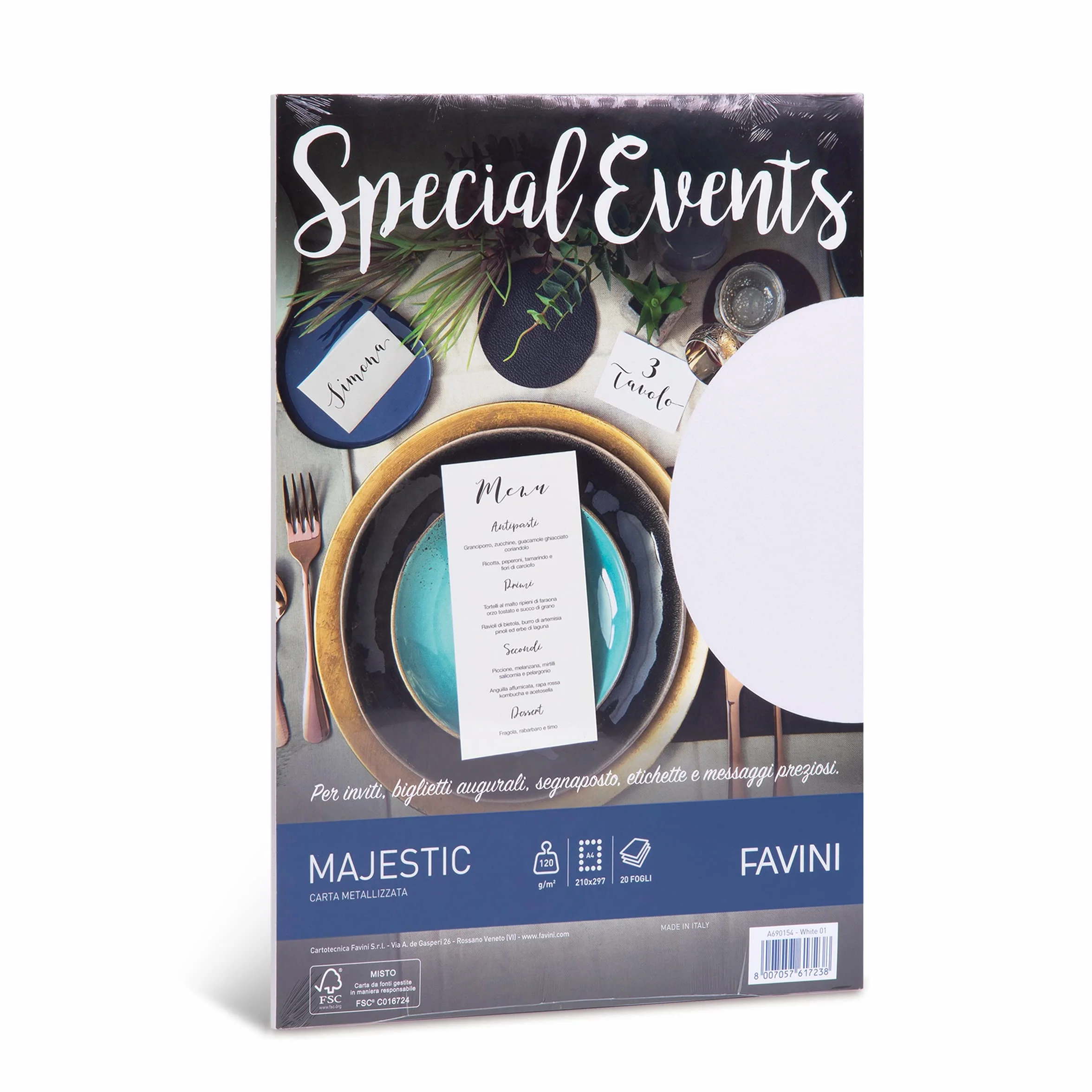 FAVINI A690154 Carta Metallizzata Special Events Bianco 120 g/m² A4 Risma 20 Fogli Finitura Perlescente
