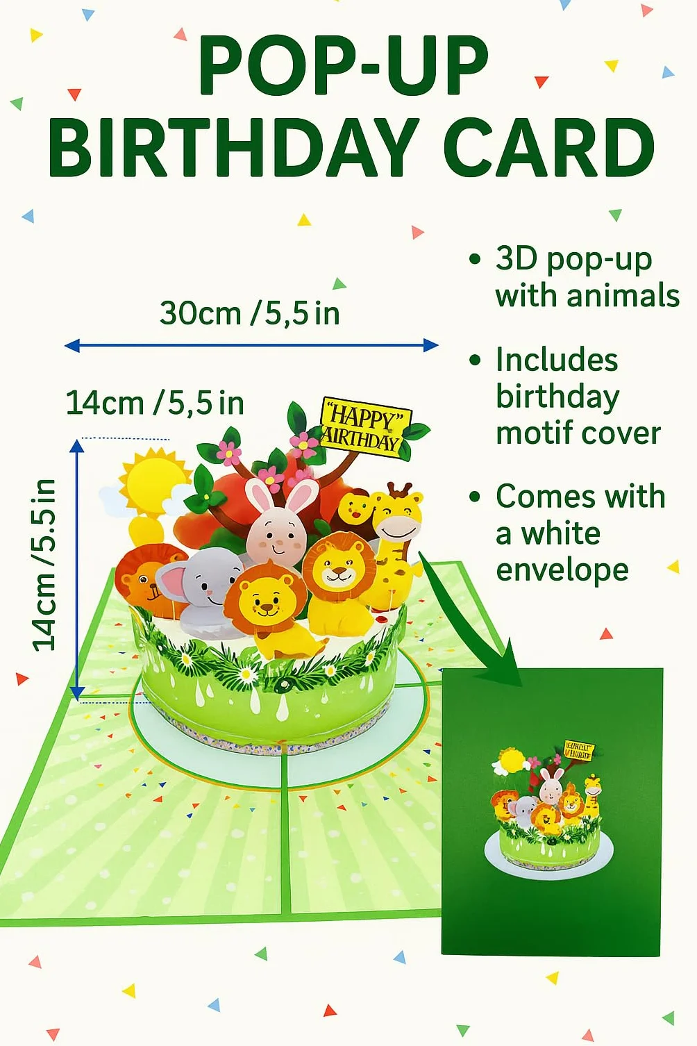 Biglietto di auguri pop-up 3D Animali sulla torta Compleanno bambini 15 x 20 cm Safari Animali con busta