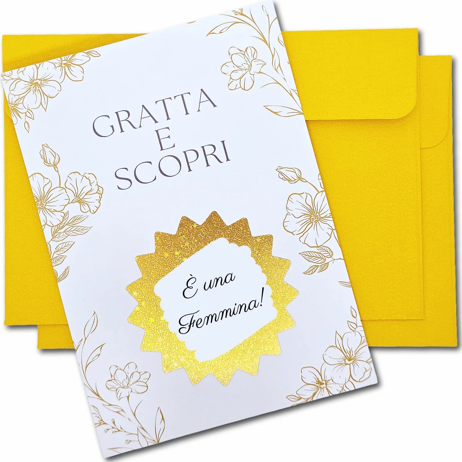 Gratta e vinci Gender Reveal Set da 2 con buste dorate – Idea originale annuncio sesso bebè con bollino dorato – Sorpresa Fiocco Rosa