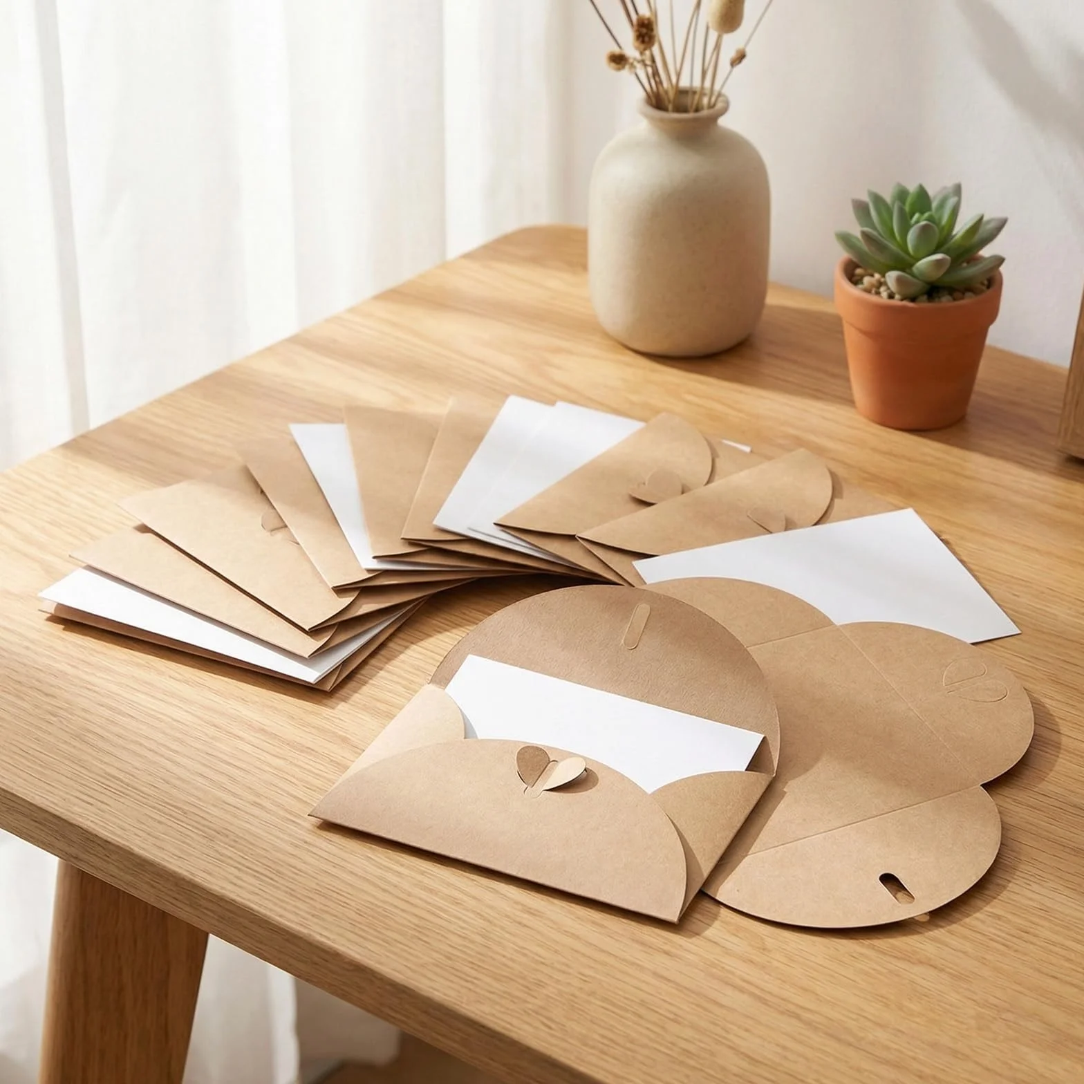 Buste Kraft Mini Con Chiusura Cuore e Cartoncini Bianchi Vintage Per Biglietti Regalo Feste Natale Compleanno