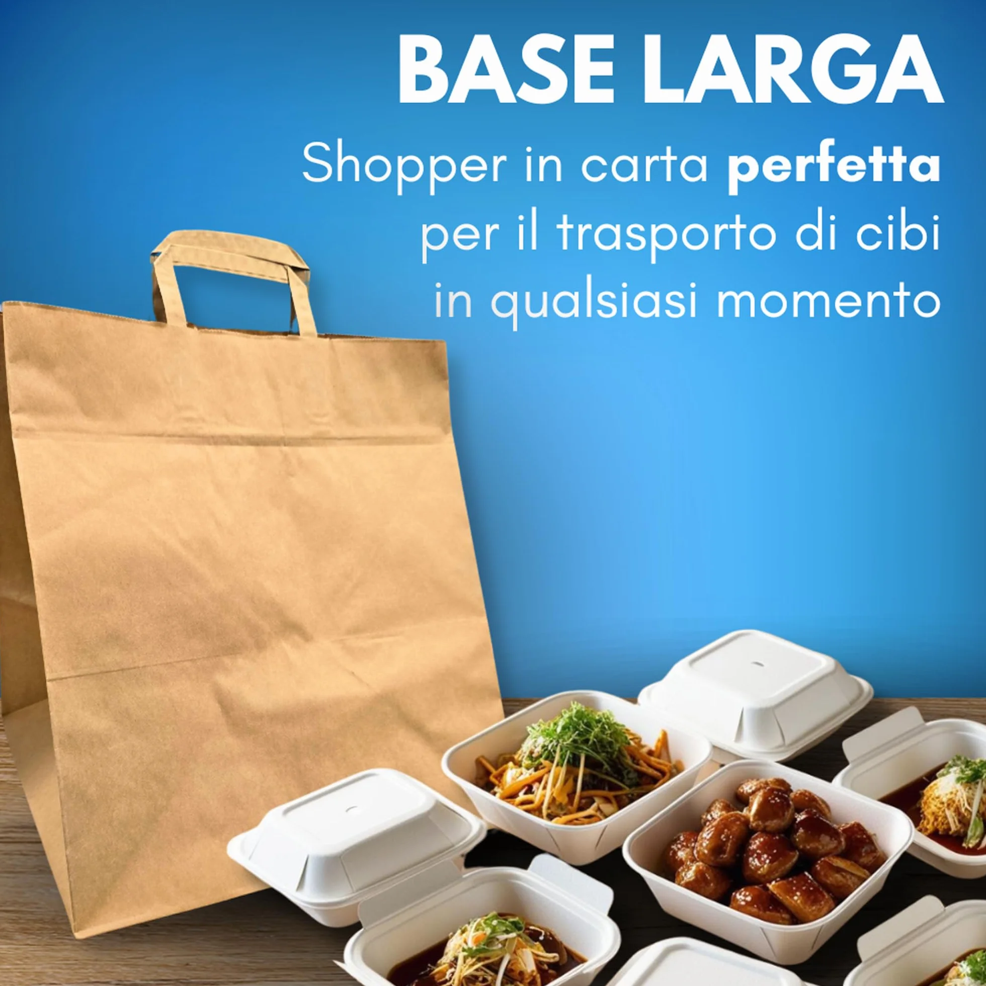 GM 50 Shopper Asporto in Carta 26+17x29h cm Avana Borse con Base Larga e Manici per Cibo Bevande Take Away