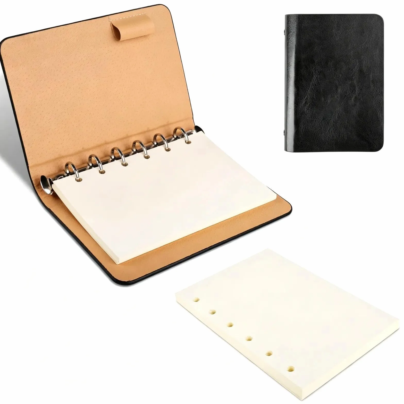Taccuino A7 Ricaricabile in Pelle con 6 Anelli, Quaderno Tascabile, Blocco Note Portatile, per Ufficio e Scuola