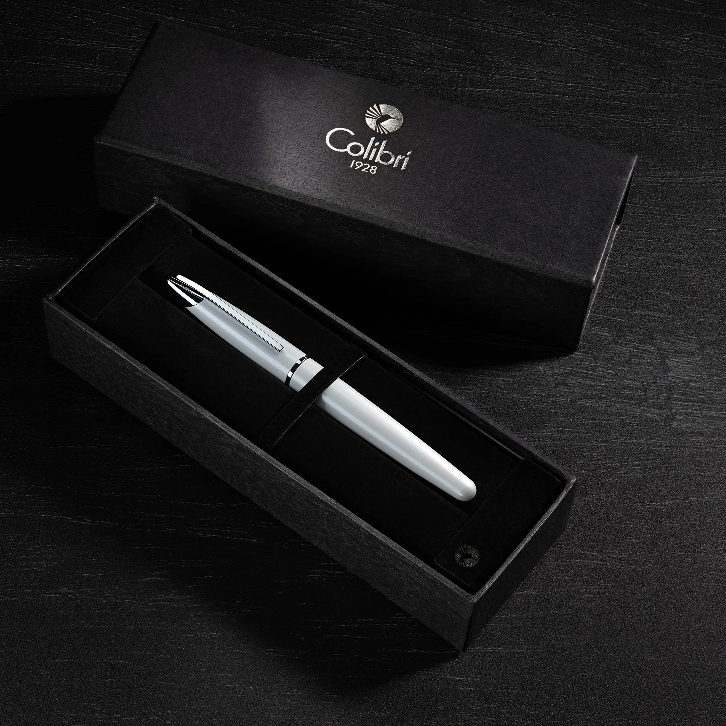Colibri Penna stilografica Equinox-in acciaio laccato bianco clip a molla cromata-Penna di lusso-Pennino Bock medio-Viene fornita in una elegante confezione regalo-Adatta per uomini e donne.