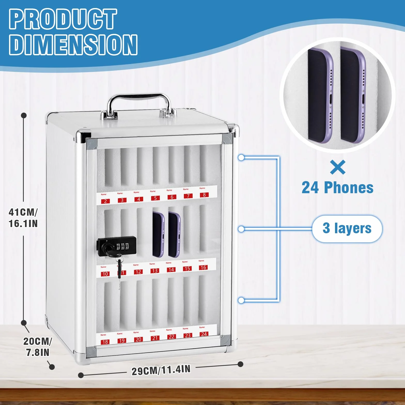 MXBAOHENG 24 Slot Mobile Phone Storage Cabinet In Lega di Alluminio Scatola di armadietti per la Gestione dei telefoni cellulari a Parete con Maniglia e Codice per Scuola Fabbrica Azienda