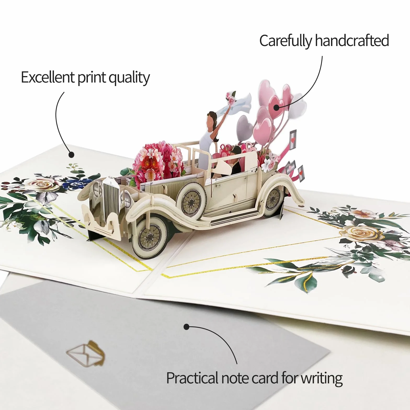 Elegante Biglietto Pop-Up 3D con Auto Just Married per Matrimonio, Regalo in Denaro per Viaggio di Nozze