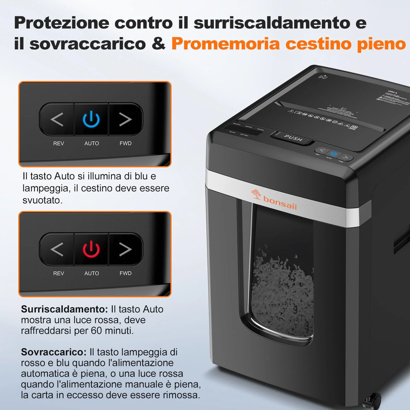 Bonsaii C291-A Distruggidocumenti P-4 Micro-Cut, con alimentatore automatico di documenti da 300 fogli, funzionamento continuo, 60 minuti, contenitore per rifiuti da 31 litri