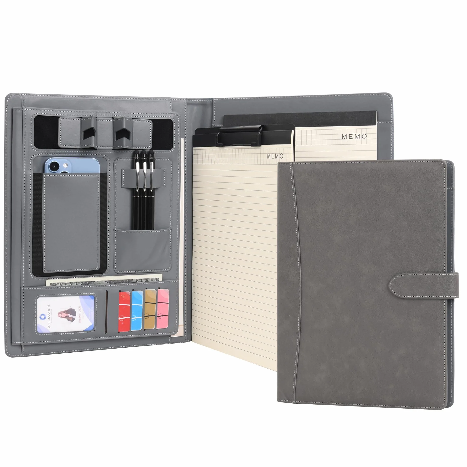 Wason Portadocumenti PU A4 Cartella Tasche Padfolio Custodia con Portablocco Rimovibile Grigio