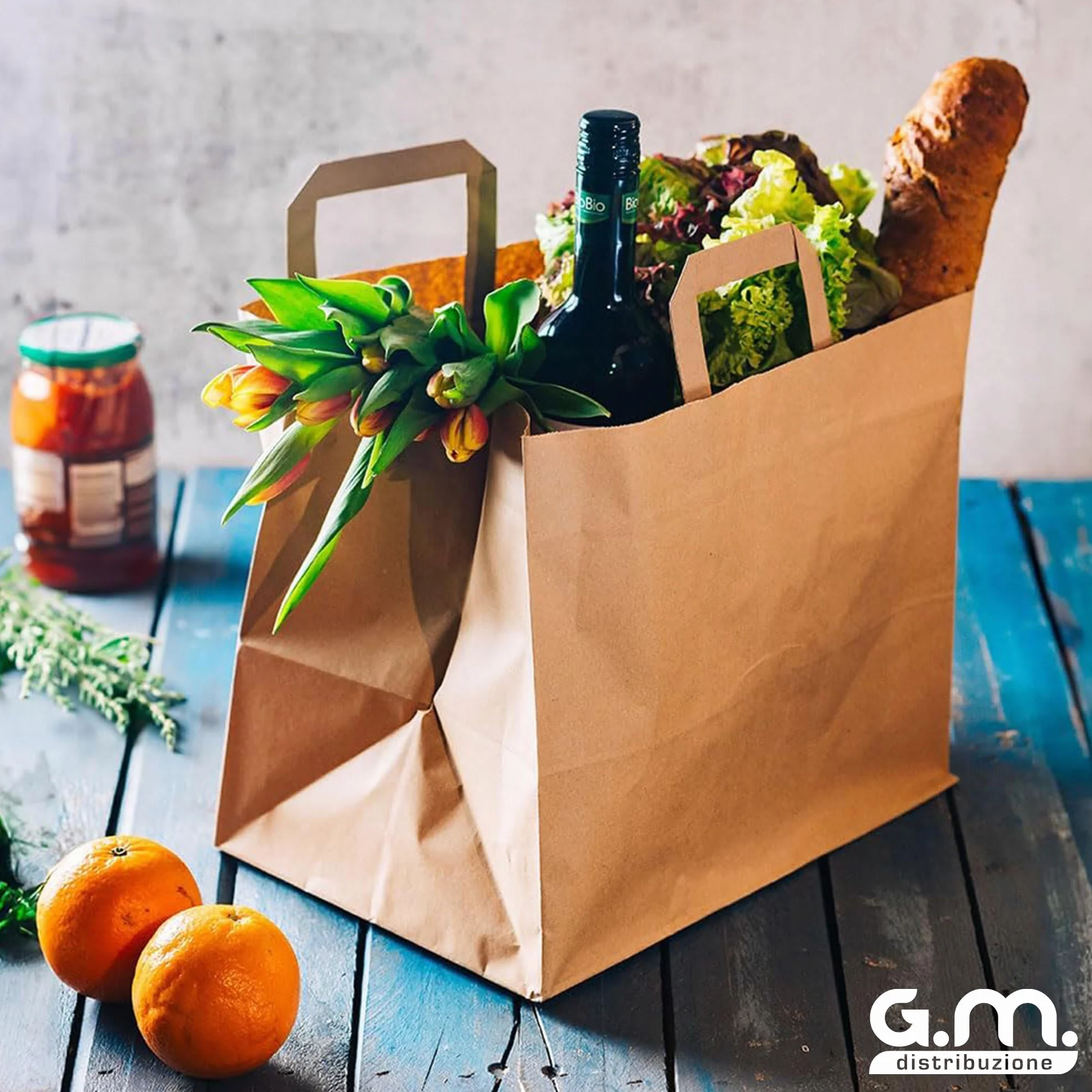 GM 50 Shopper Asporto in Carta 26+17x29h cm Avana Borse con Base Larga e Manici per Cibo Bevande Take Away