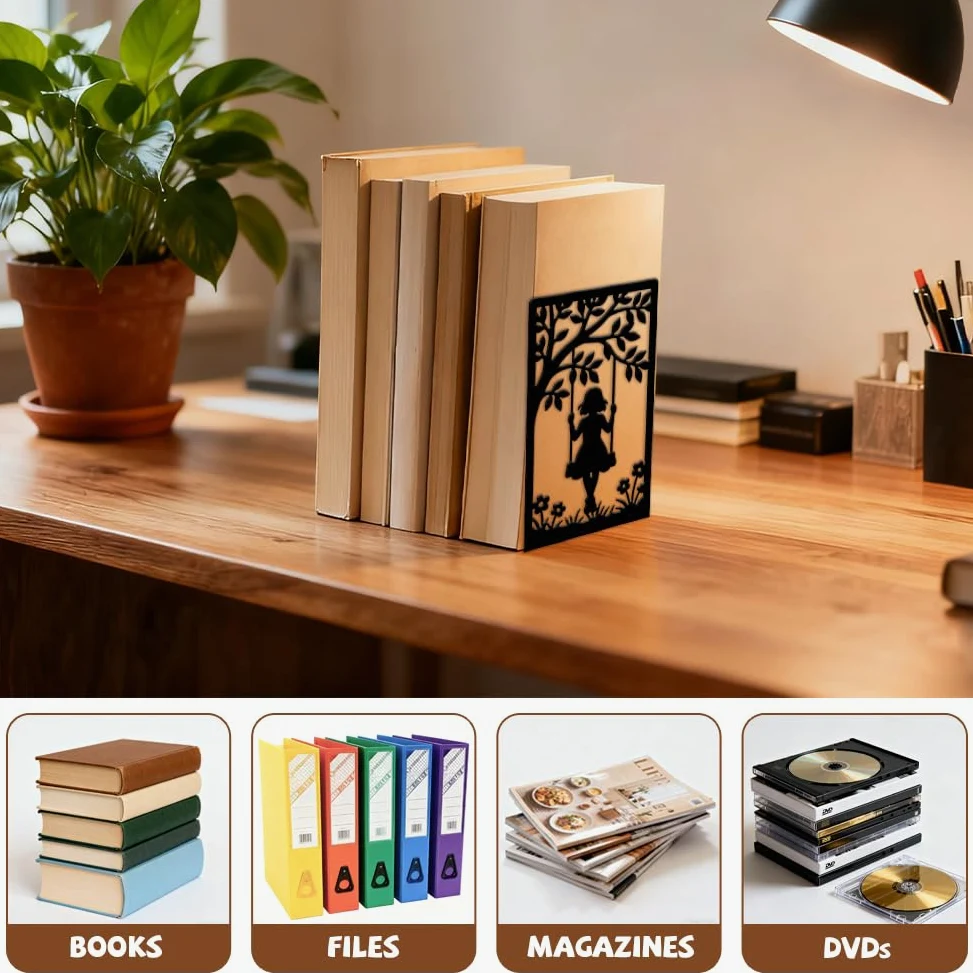 Peacoblue Fermalibri in metallo per scaffali, fermalibri moderni decorativi resistenti, per scrivania da ufficio, stanza 11,9 x 8,9 x 18 cm, fermalibri alti in ghisa, 1 paio (ragazza sull'altalena