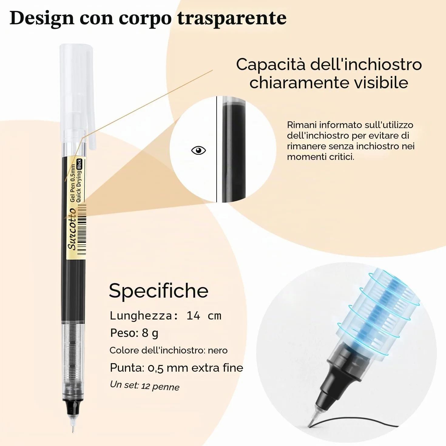 Surcotto Penne Gel Nere 0,5 mm Asciugatura Ultra Rapida per Scrivere, Disegnare e Delineare