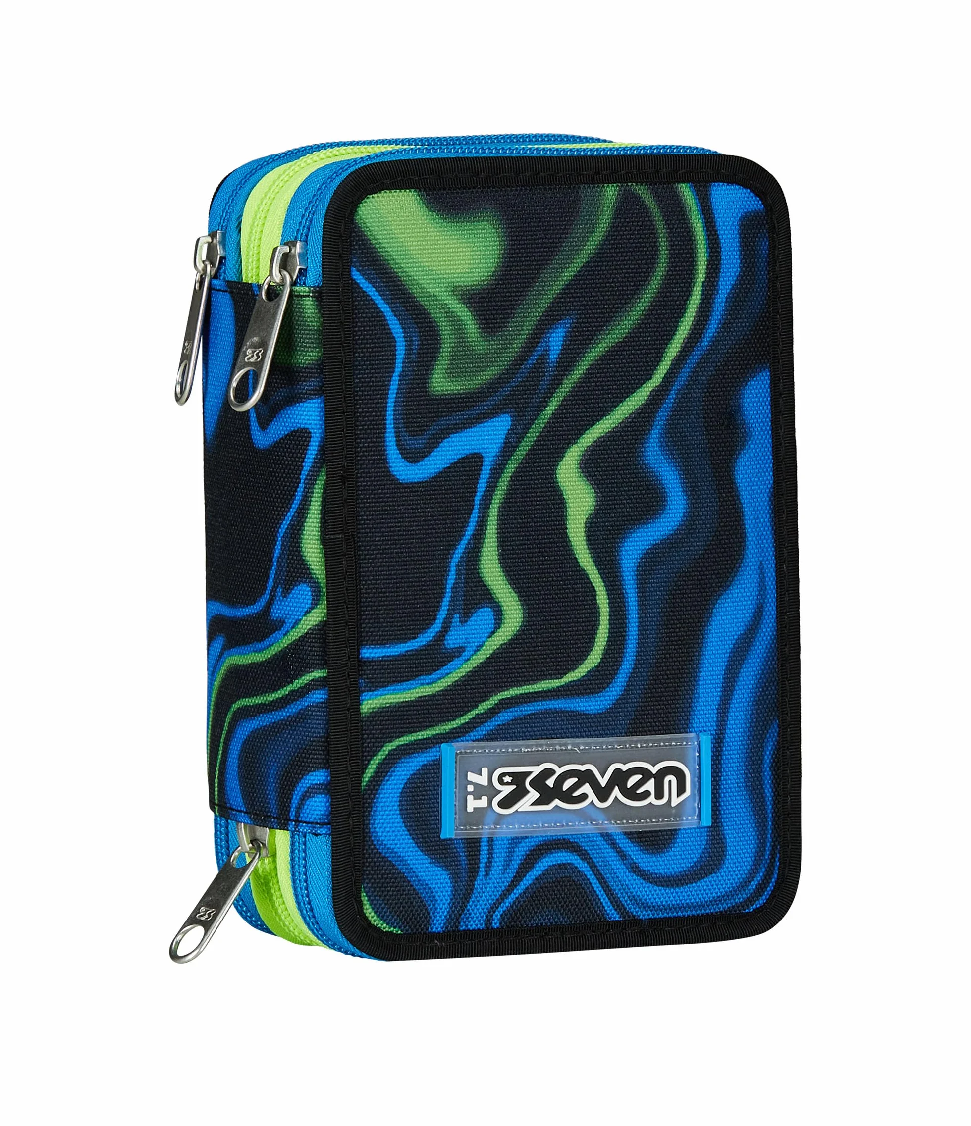 Seven Astuccio Scuola Elementare, 3 scomparti, Medie, con Matite, Pennarelli, Penne, 3 Zip, Uneven Line, Bambino e Ragazzo, blu