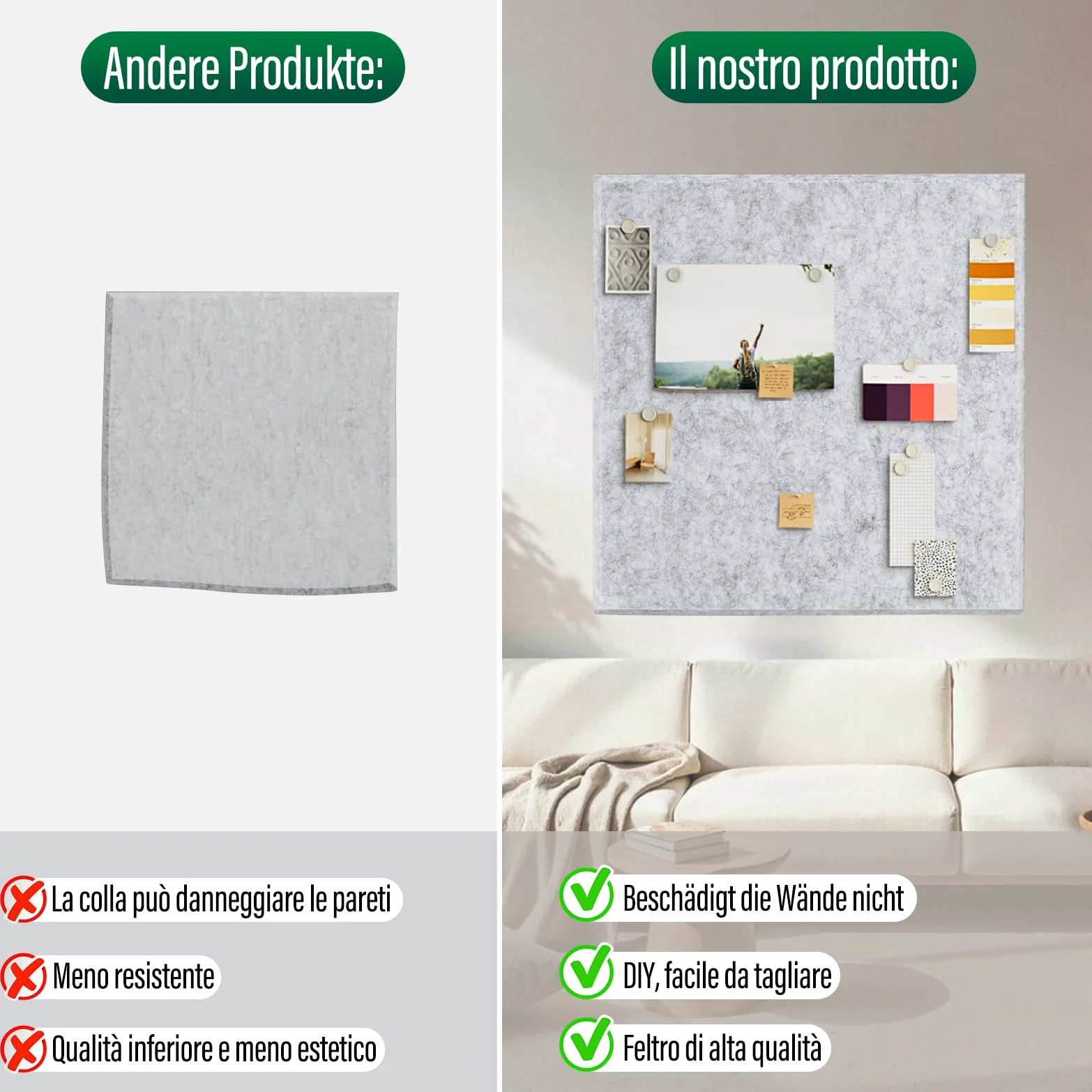 Bacheca in feltro, autoadesiva, 12 pezzi, 30 x 30 cm, spessore 0,9 cm, per ufficio, cucina, foto, memo (grigio quadrato)