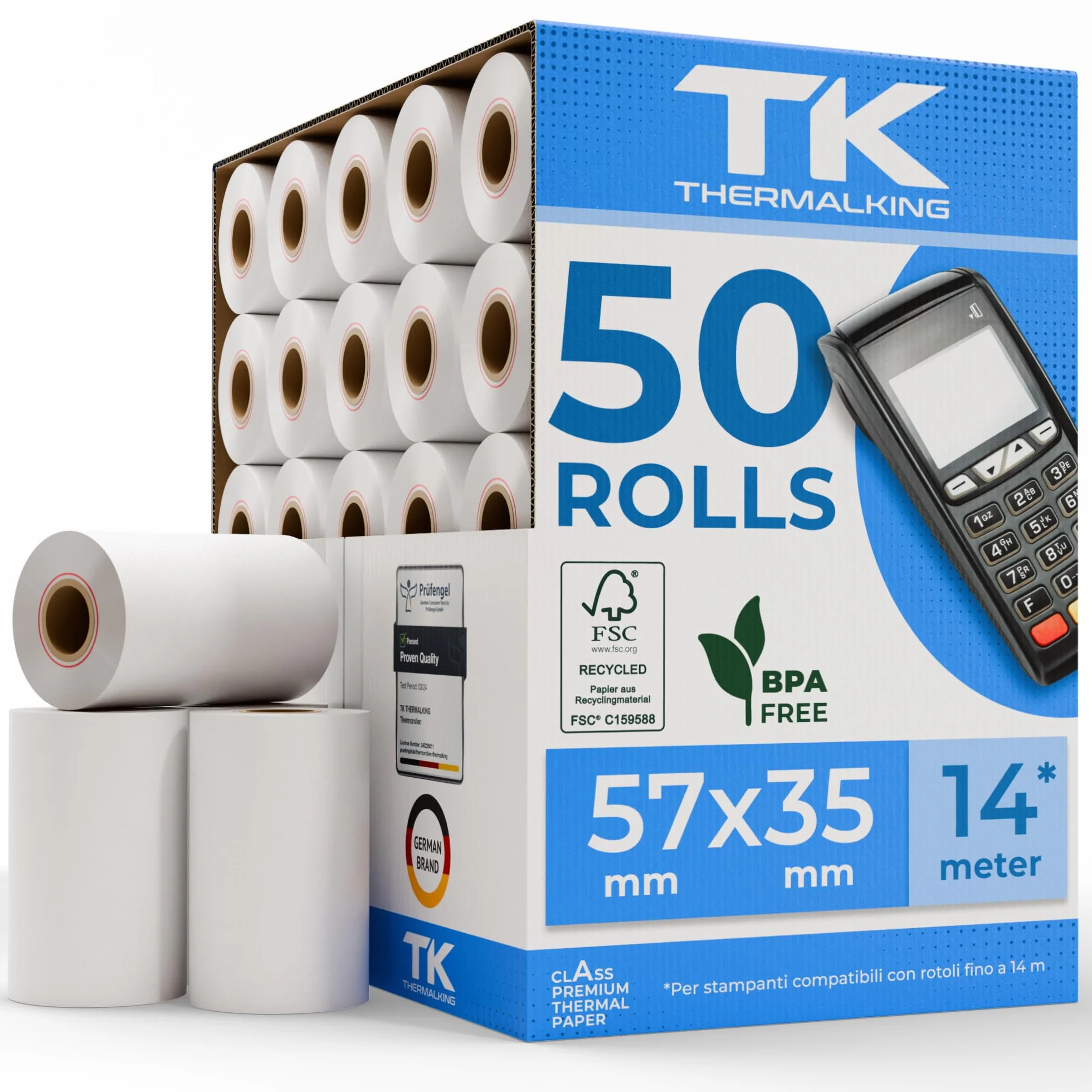 THERMALKING - Rotoli POS 57x35x12 di carta termica per ricevute Bancomat - Rotolini compatibili con dispositivi POS - Rotolo carta termica 57mm x 14m x 12mm - [50x]